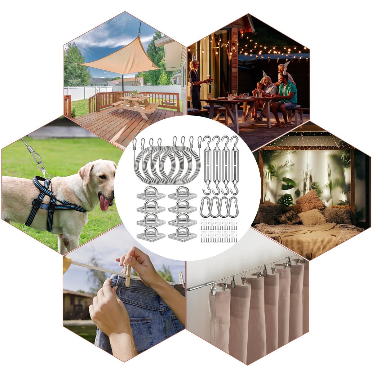 Spiglamm complete shade sail hardware kit supports triangular or rectangular layouts.