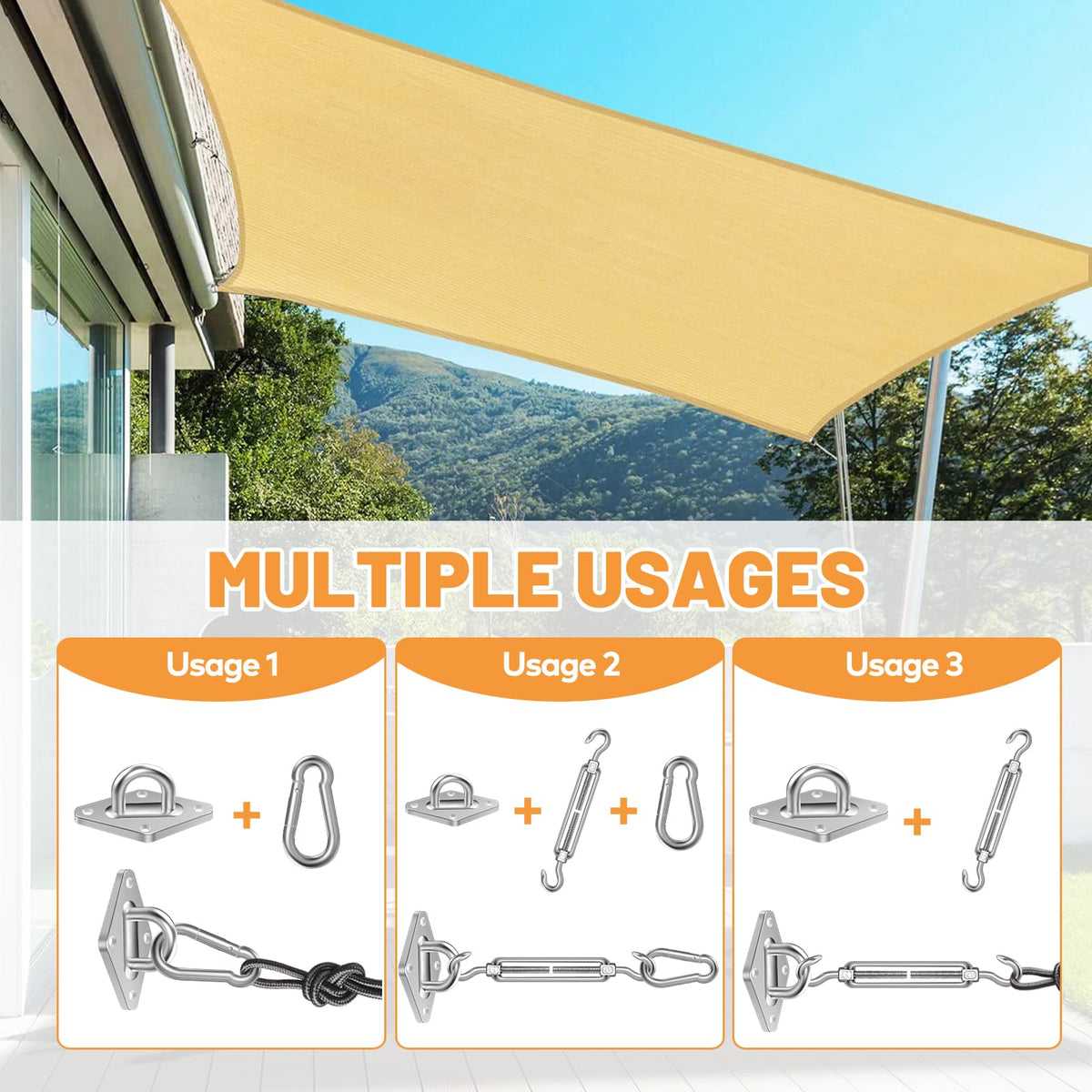 Spiglamm pad eyes and snap hooks: versatile anchors for sun shade sails