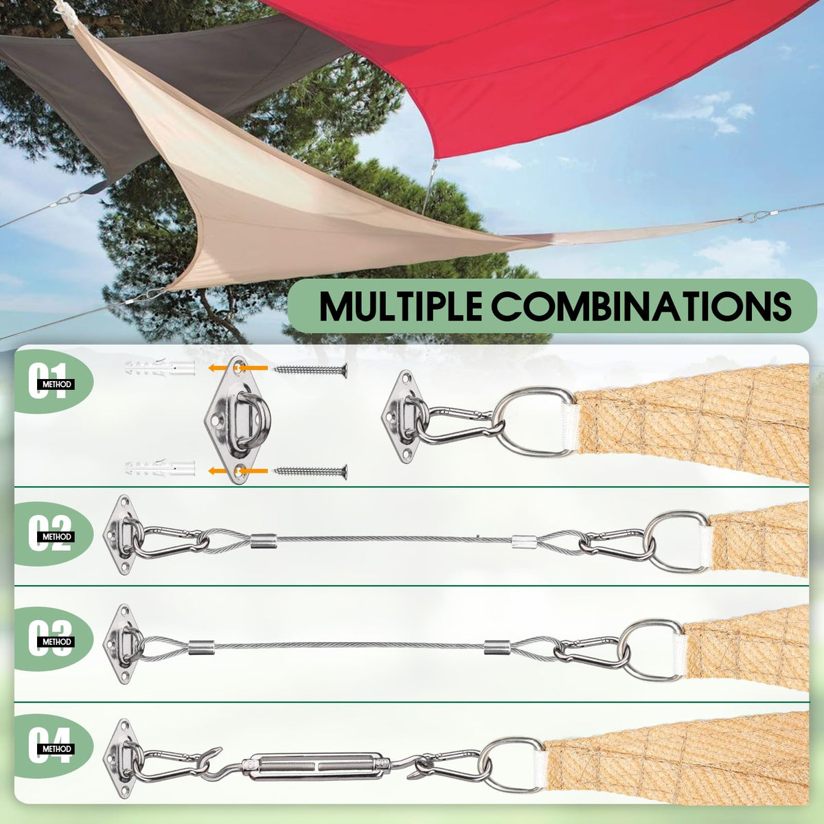Spiglamm snap hooks provide quick, reliable shade sail connections outdoors.