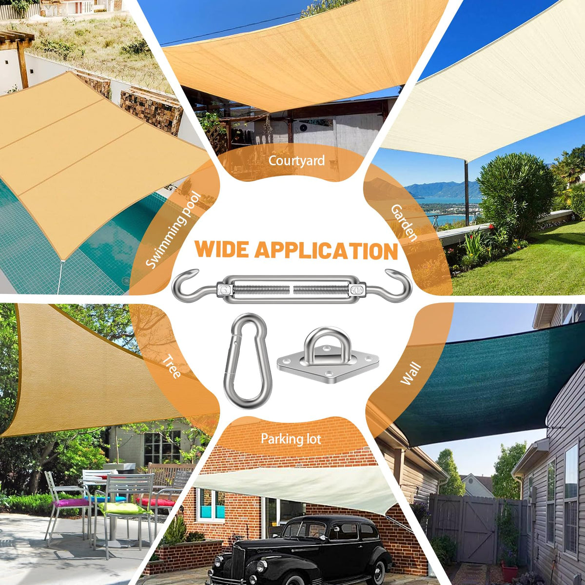 Spiglamm triangle rectangle installation kit on patio: flexible shade sail setup