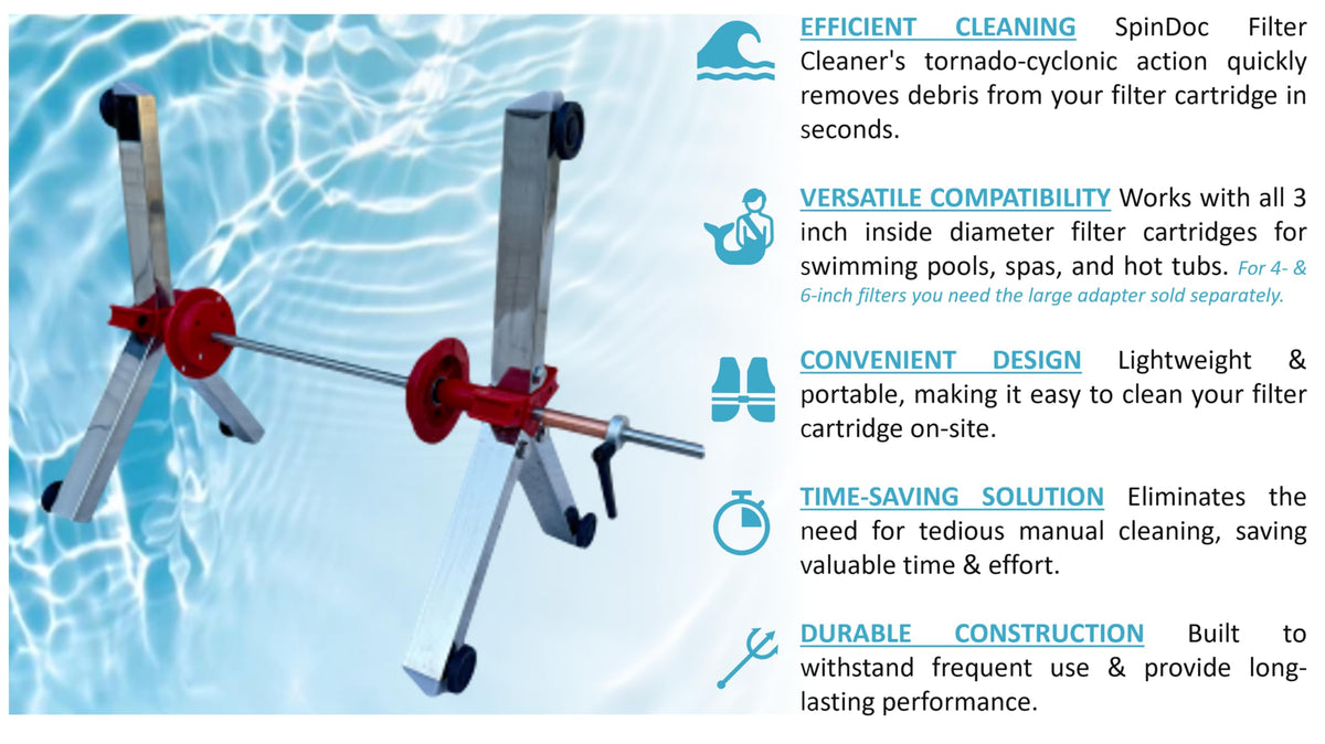 SpinDoc Pro Cleaning Stand demonstrates tornado-action debris removal from pool cartridges.