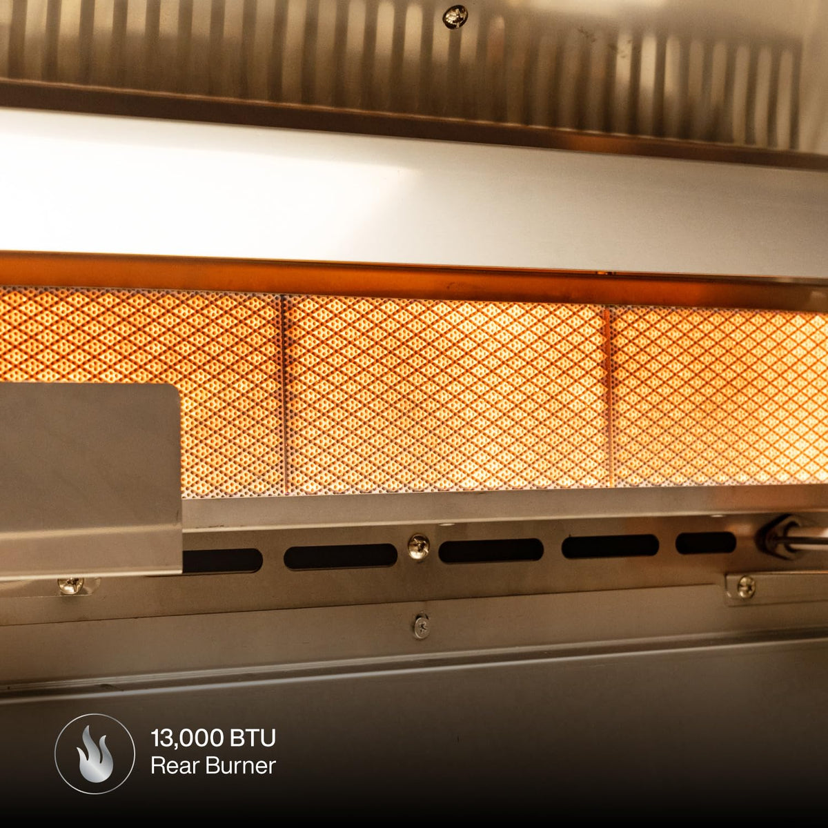 SPIRE Premium 13,000 BTU rear burner enables rotisserie cooking and warming tasks.