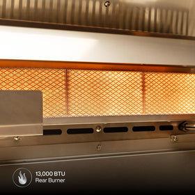 SPIRE Premium 13,000 BTU rear burner enables rotisserie cooking and warming tasks.
