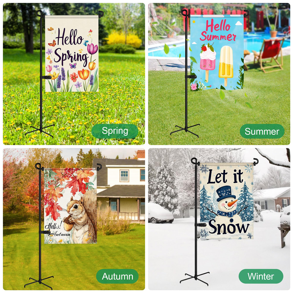 Waterproof coated flag stand for year-round yard decorations.
