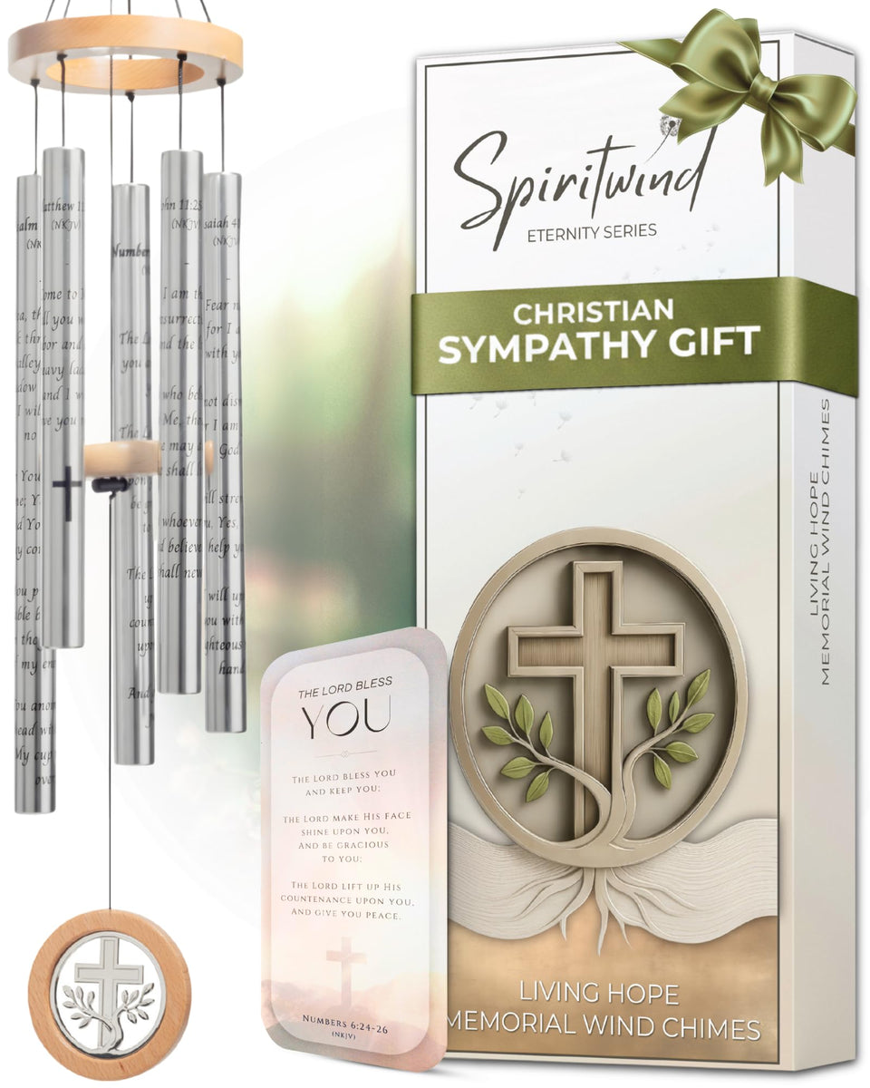 Spiritwind Living Hope wind chime with cross and vine design creates outdoor calm.