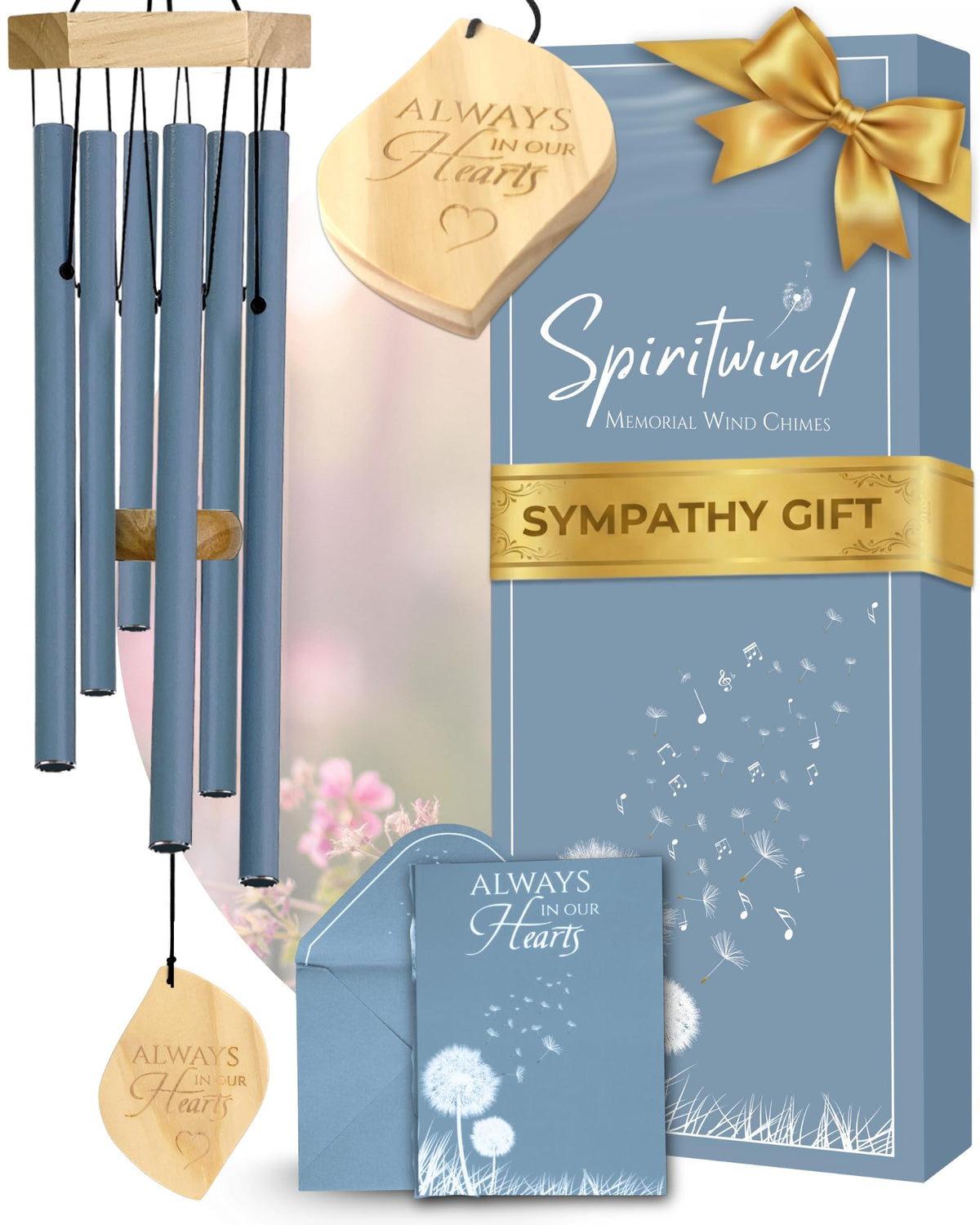 Spiritwind Ocean Blue wind chimes packaging with ribbon, ready to gift a memorial keepsake.