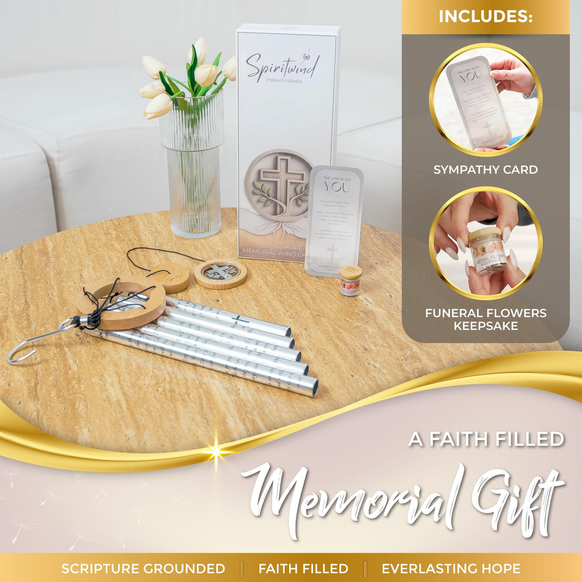 Spiritwind wind chime with scripture-inscribed tubes offers daily encouragement.
