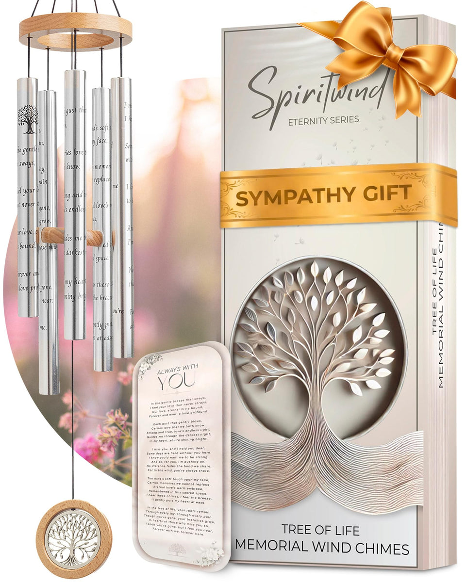 Spiritwind Tree of Life wind chimes center emblem evokes lasting remembrance.
