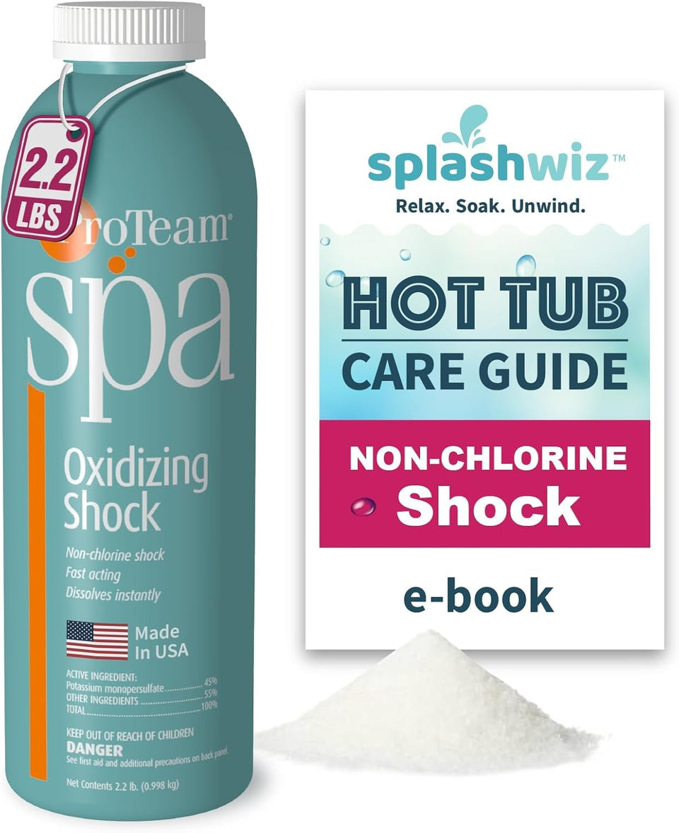 SplashWiz ProTeam Spa Shock bottle pour for fast, chlorine-free water care.