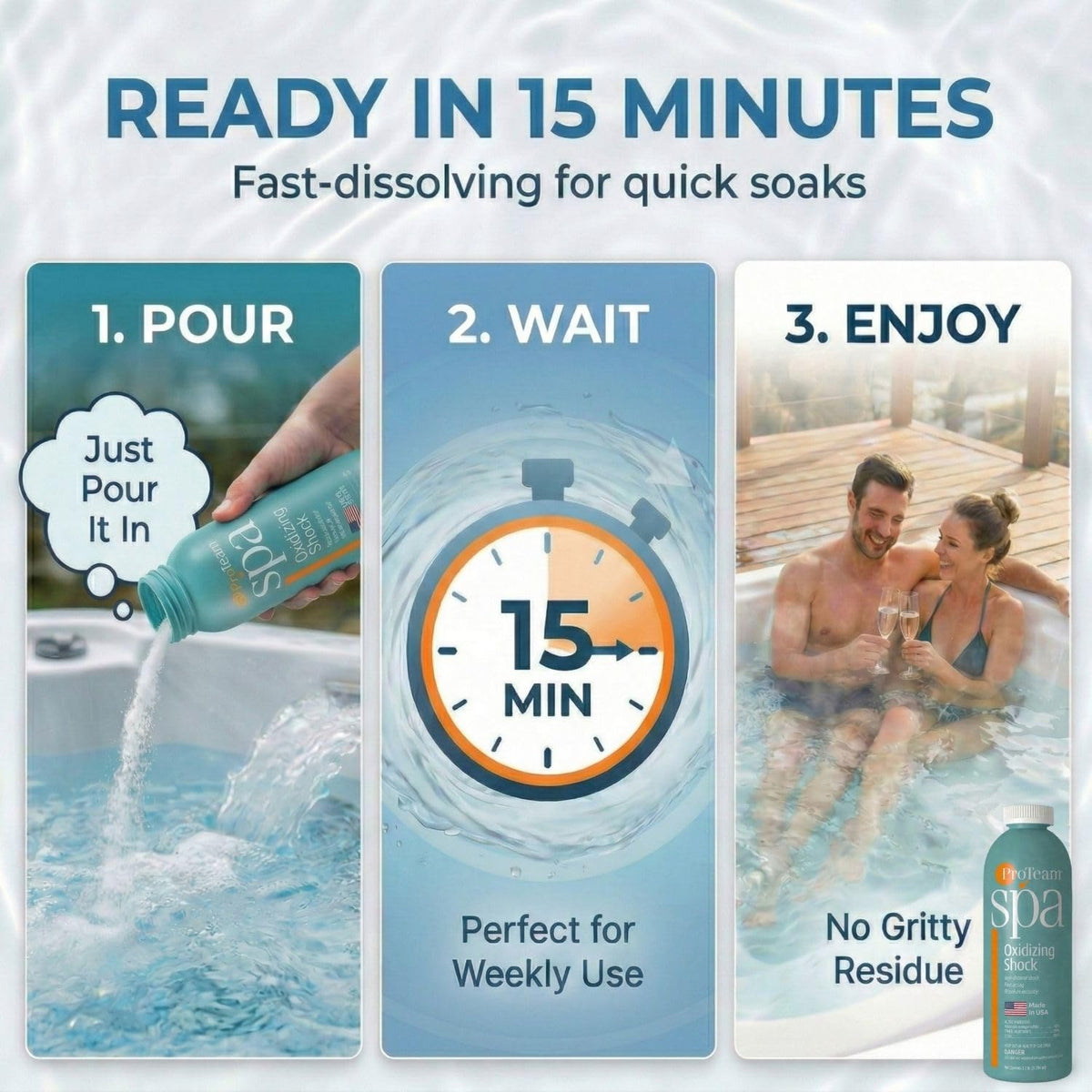 SplashWiz ProTeam Spa Shock clear water after treatment shows refreshed spa clarity.