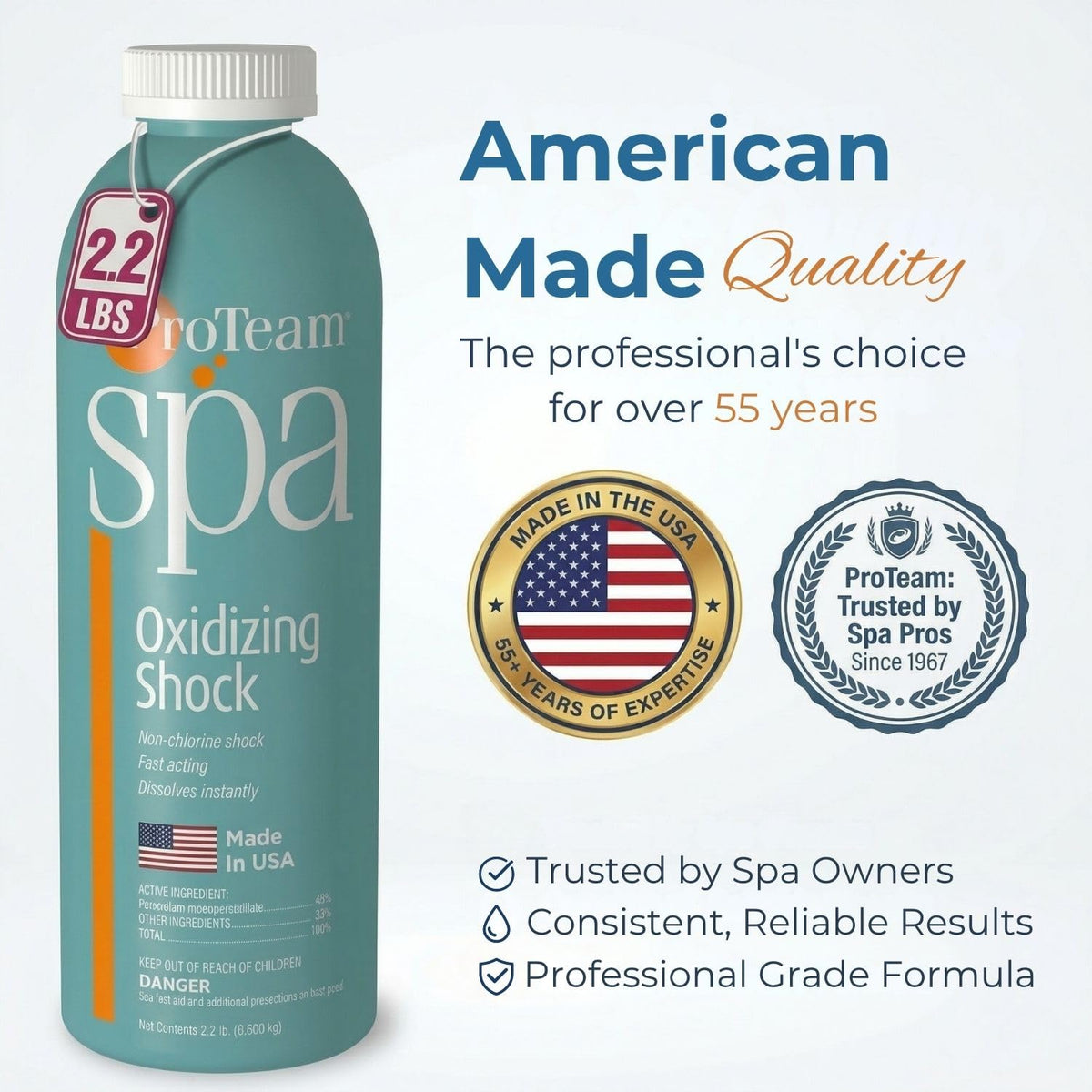 SplashWiz ProTeam Spa Shock Made in USA badge highlights trusted, American-made spa care.