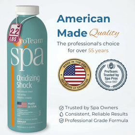 SplashWiz ProTeam Spa Shock Made in USA badge highlights trusted, American-made spa care.