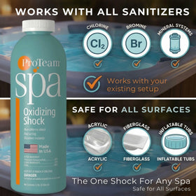 SplashWiz ProTeam Spa Shock spa system compatibility image underscores chlorine-free option.