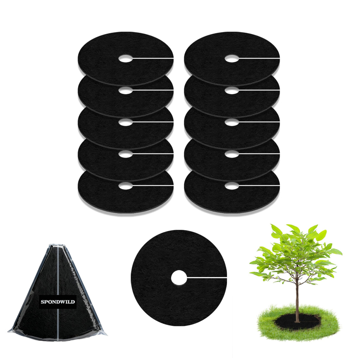 SPONDWILD 16-inch tree mulch ring on soil helps weed suppression and moisture retention.