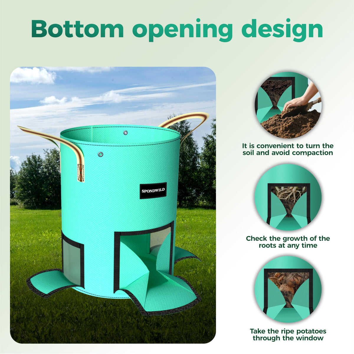 SPONDWILD reinforced handles and plant-support grommets in action