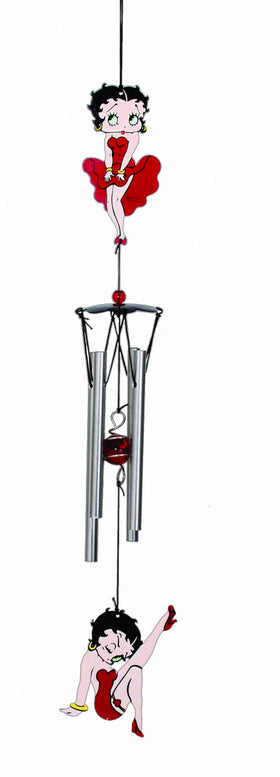 Spoontiques Betty Boop 18-inch wind chime hanging in a garden for whimsy