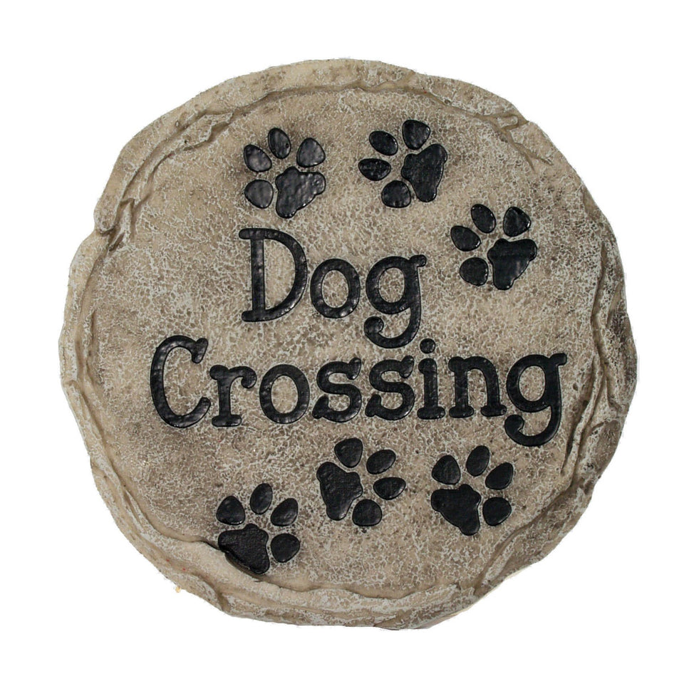 Spoontiques dog crossing stepping stone adds welcoming garden charm.