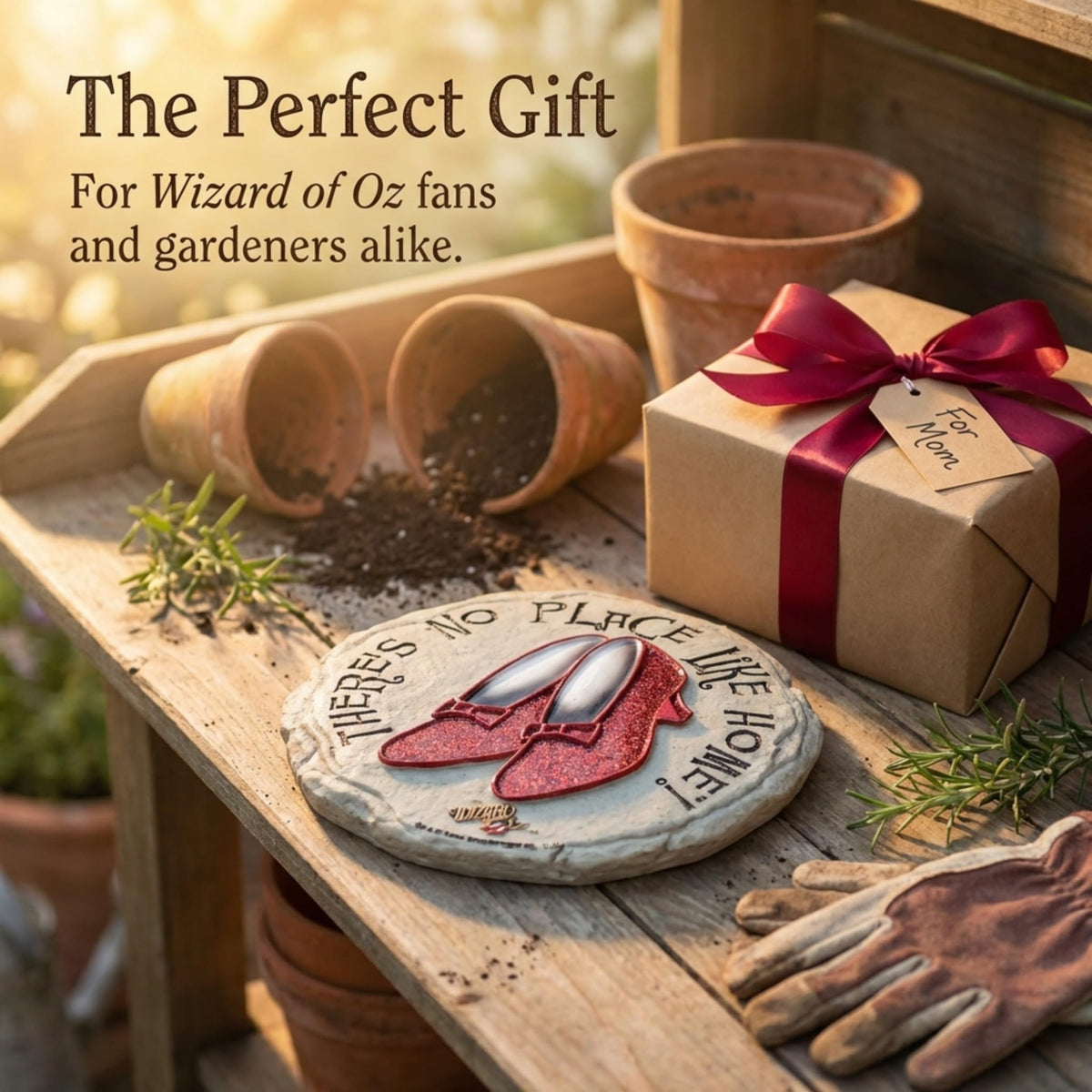 Spoontiques Ruby Slippers stepping stone placed along garden walkway