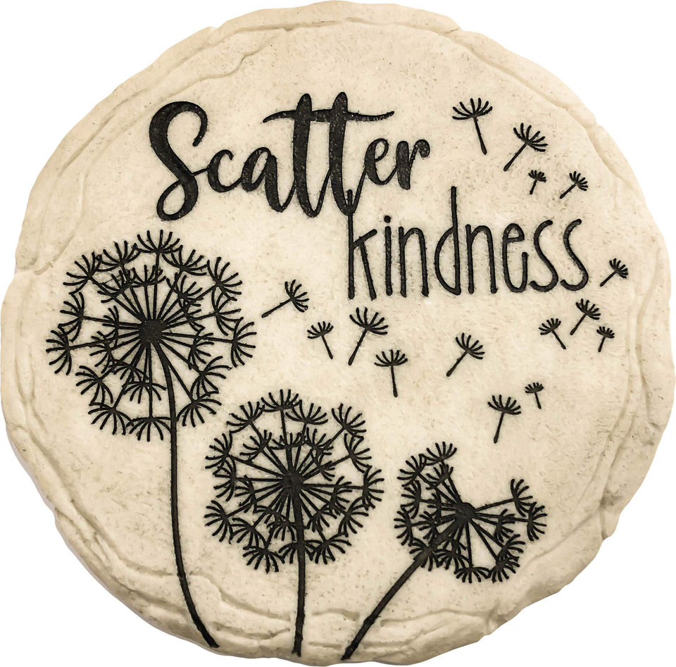 Spoontiques Scatter Kindness stepping stone on a sunlit garden path adds cheerful curb appeal.