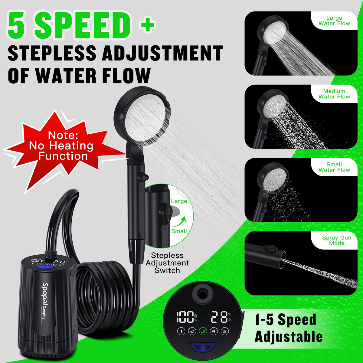 Quiet operation and five settings provide customized outdoor flow