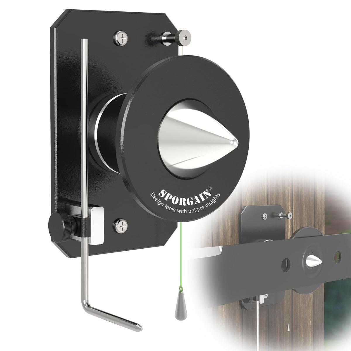 SporGain blade balancer demonstrates magnetic alignment for precise mower blade setup.