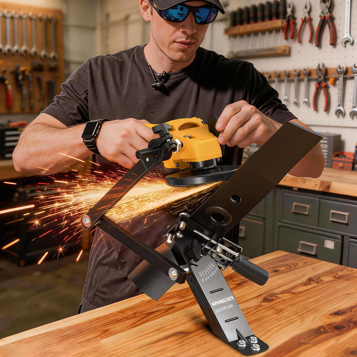 SporGain blade jig with four guide pins ensures stable, wobble-free sharpening