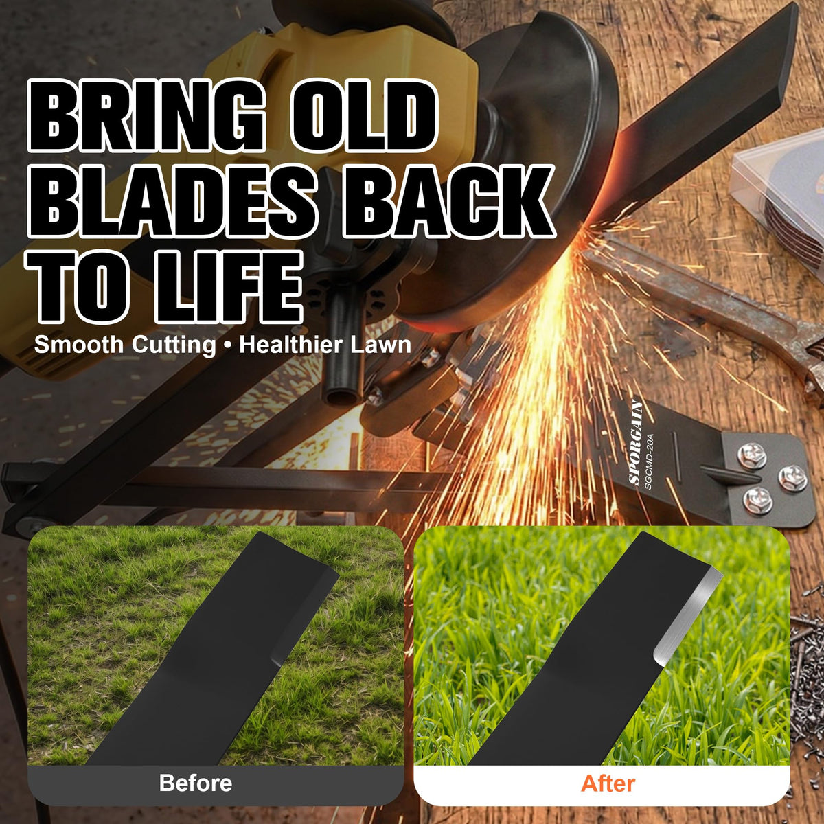 SporGain easy setup on a workbench speeds mower blade maintenance