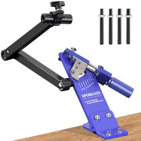 Sporgain lawn mower blade sharpener frame close-up shows adjustable 15–45° for precise sharpening.