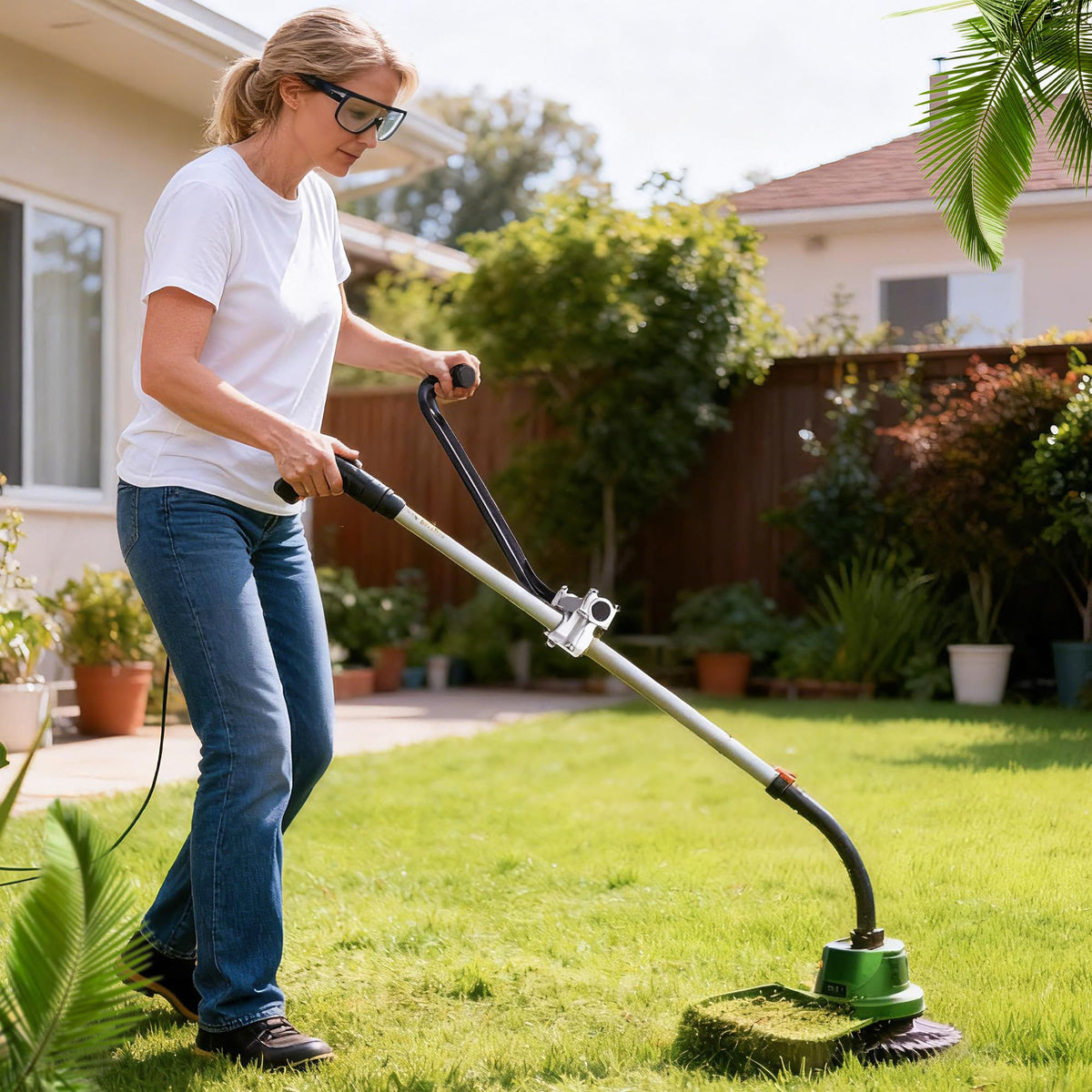 SporGain trimmer handle extension with adjustable shoulder strap for reduced fatigue.