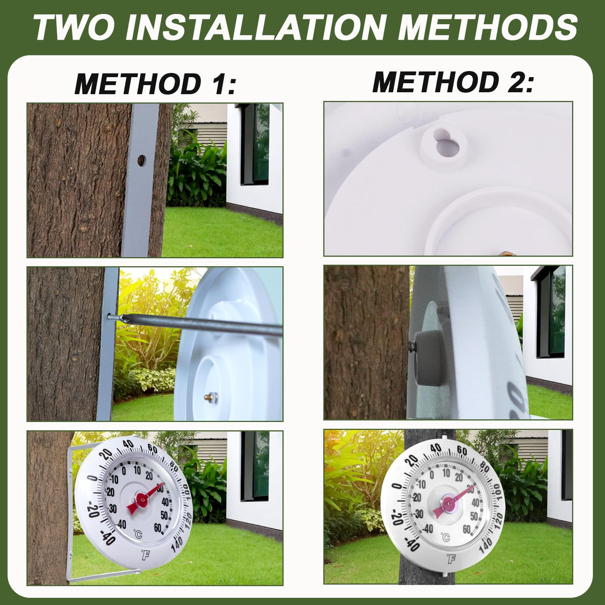 SPOROLWE thermometer mounted on a tree trunk for garden visibility