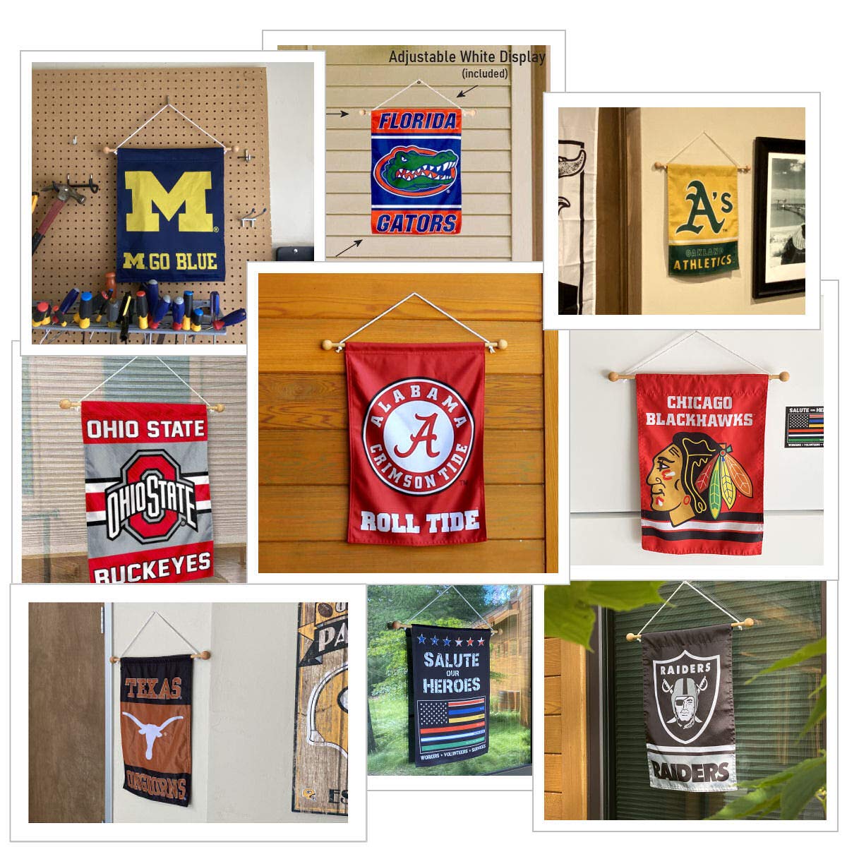Sports Flags Pennants Company white hanging rope for secure decorative display.