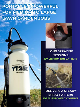 Rechargeable 12V battery supports long spraying sessions with minimal downtime