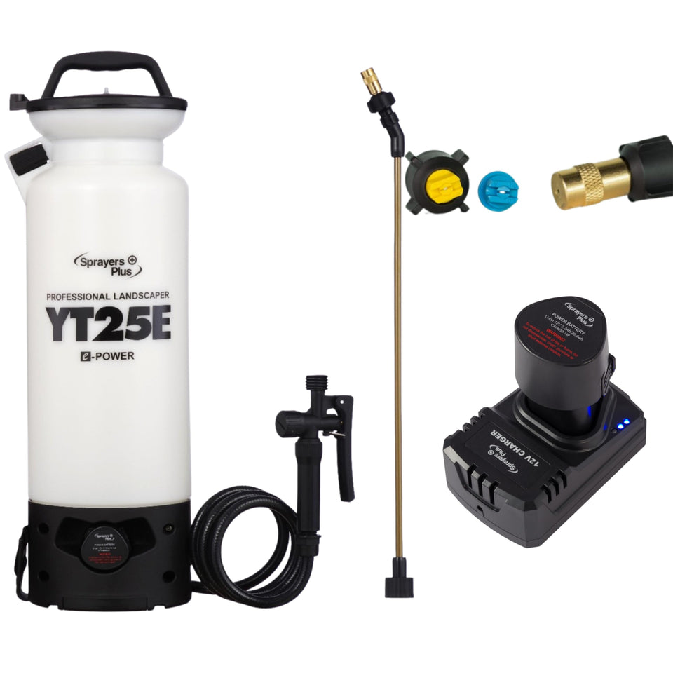 Sprayers Plus YT25E cordless sprayer in action for efficient lawn care across large yards