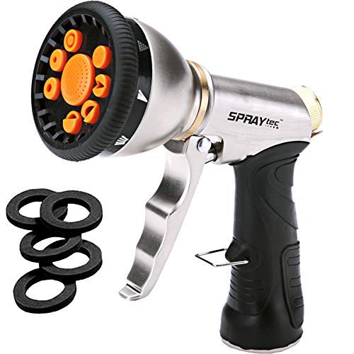 SprayTec high-pressure garden hose nozzle showcases rugged metal build for versatile outdoor cleaning.