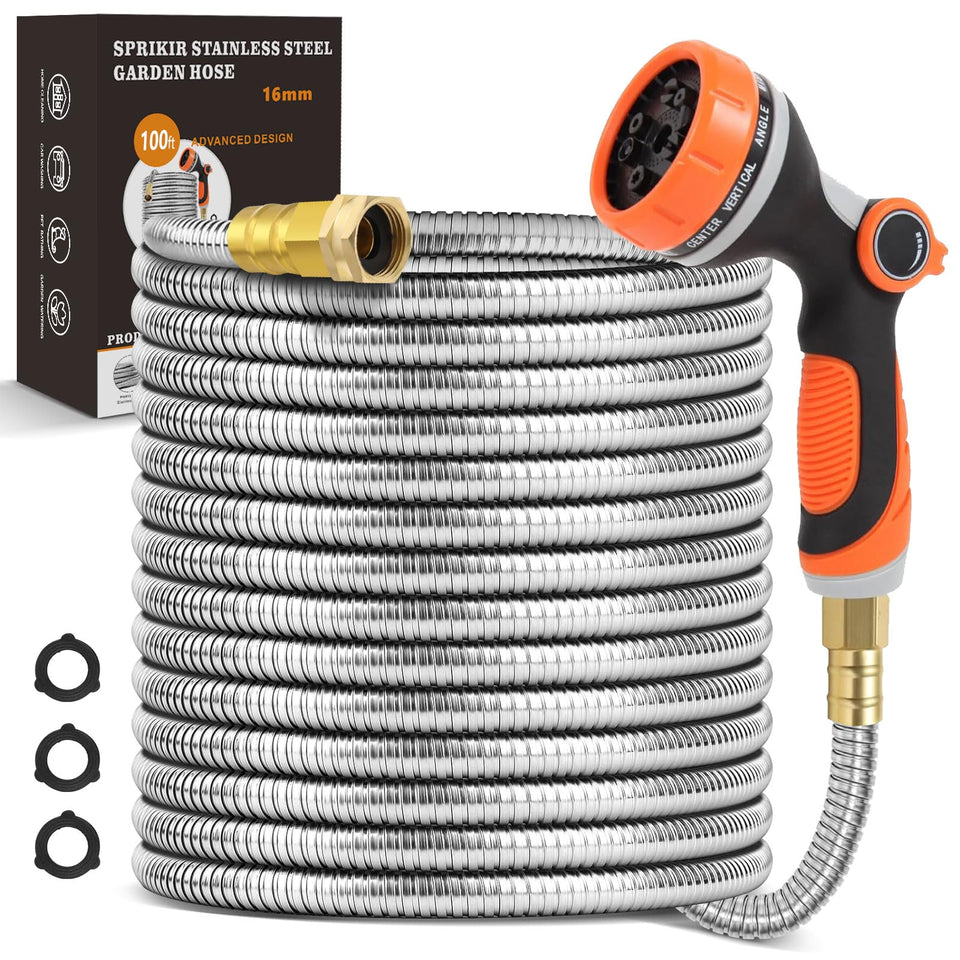 SPRIKIR metal garden hose 100ft shows rugged stainless steel for outdoor tasks.