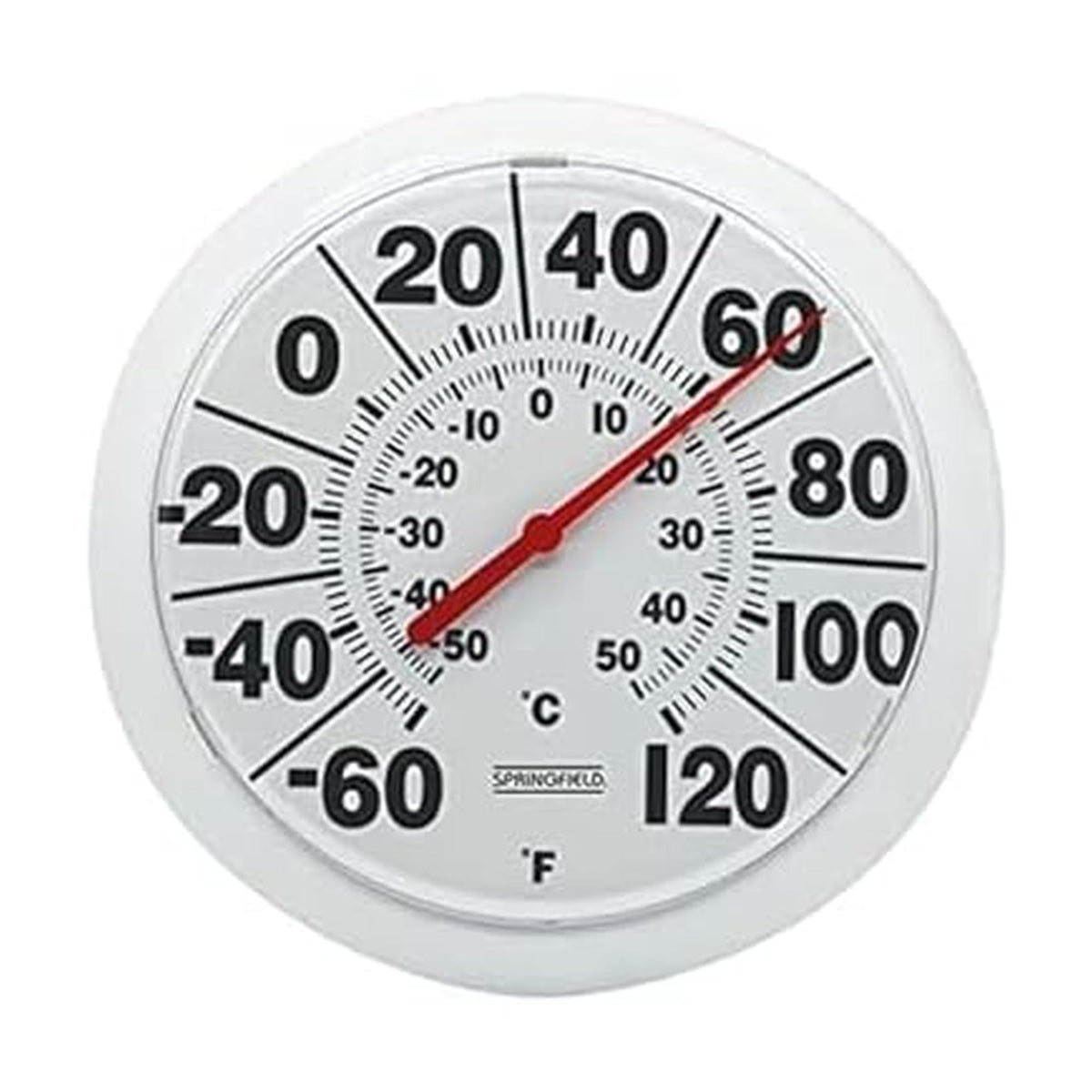 Springfield 8-inch dial thermometer outdoors with clear readings in sunlight.
