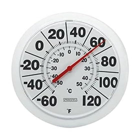 Springfield 8-inch dial thermometer outdoors with clear readings in sunlight.