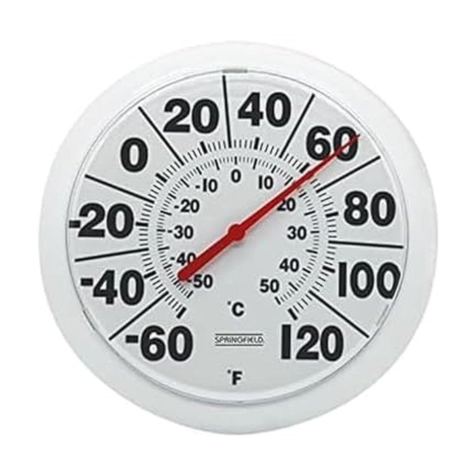 Springfield 8-inch dial thermometer outdoors with clear readings in sunlight.