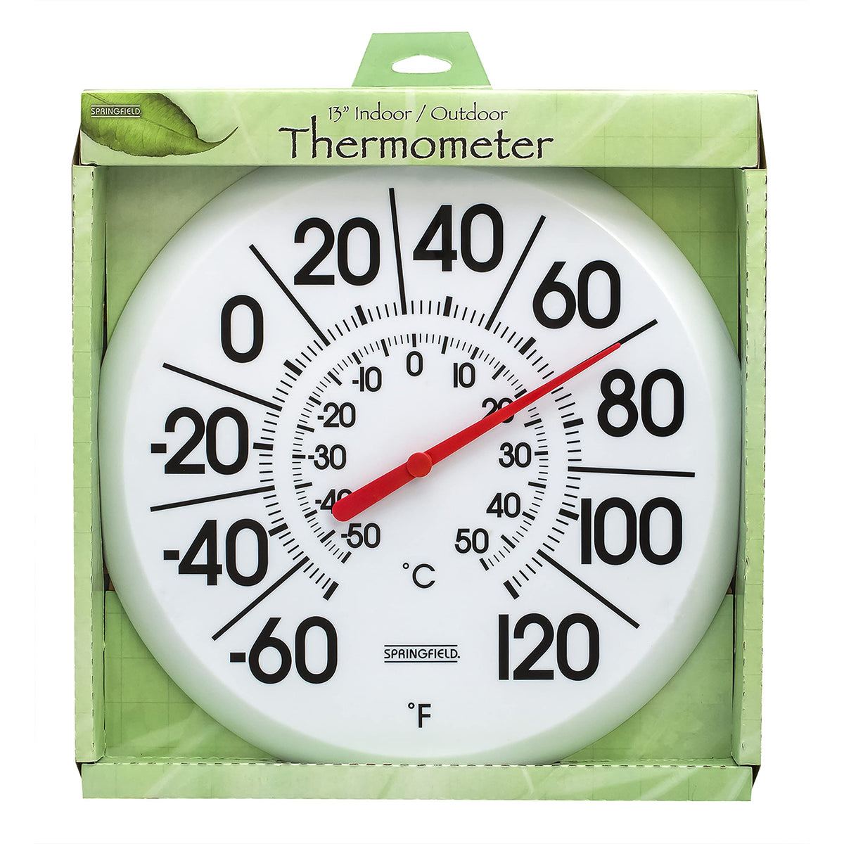 Dual Fahrenheit and Celsius scales on Springfield thermometer for versatile use.
