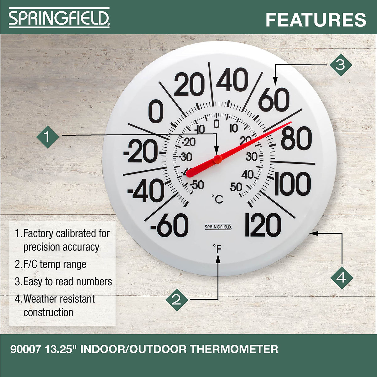 Springfield Big and Bold thermometer side panel showing durable housing for patios and indoors.