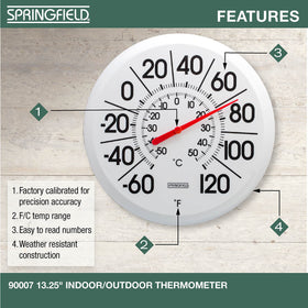Springfield Big and Bold thermometer side panel showing durable housing for patios and indoors.