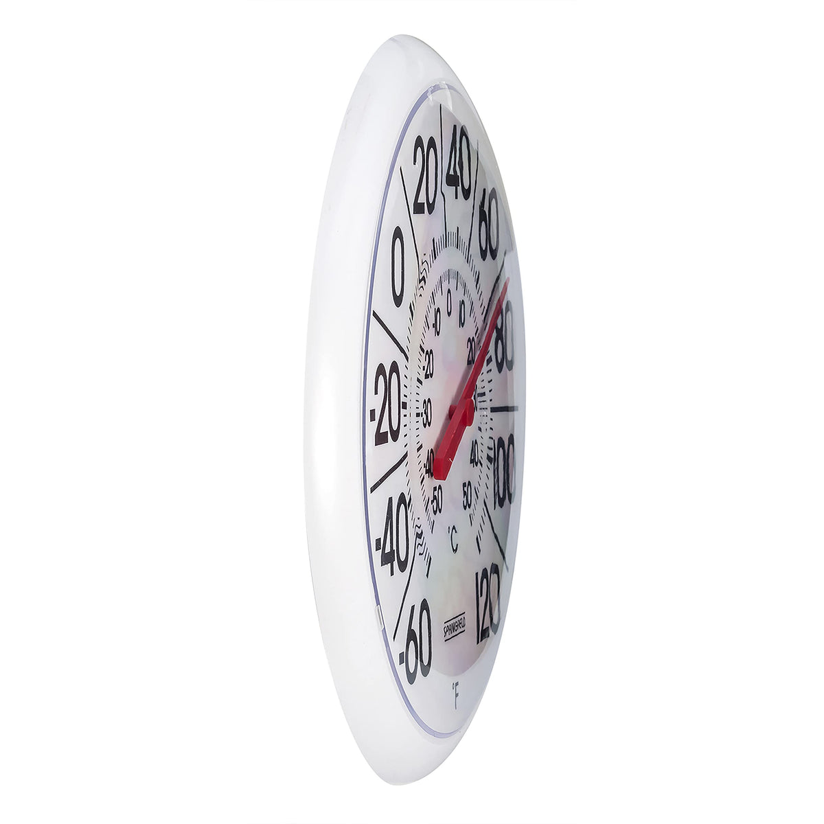 Weather-resistant Springfield thermometer with UV fade-resistant graphics for outdoor longevity.