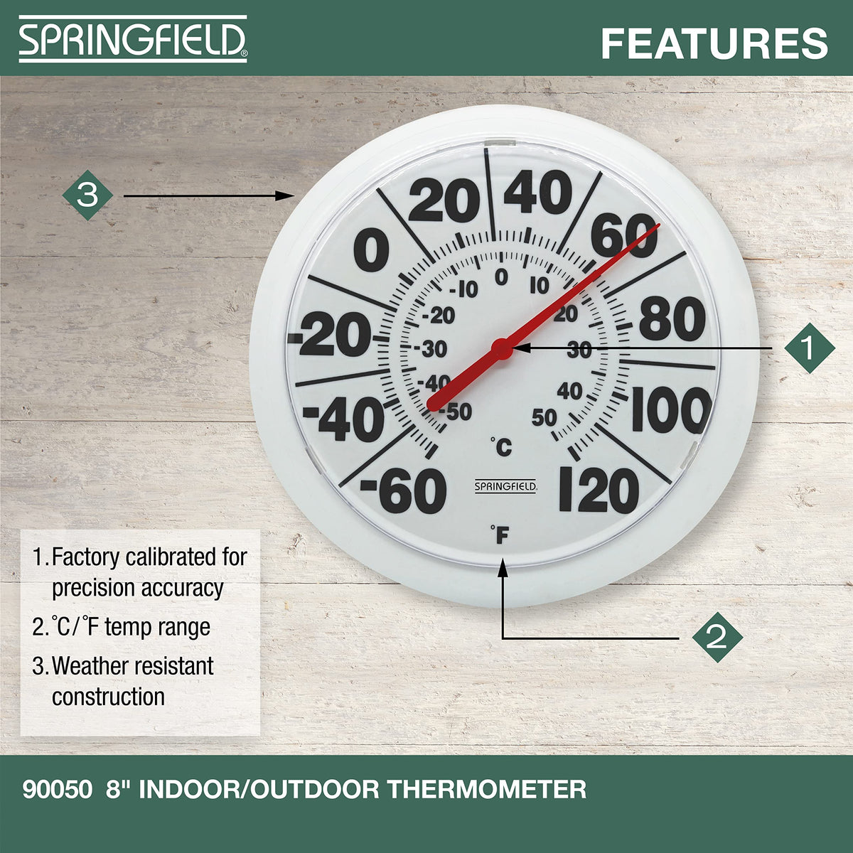 Springfield large numbers thermometer display for easy indoor or patio readings.