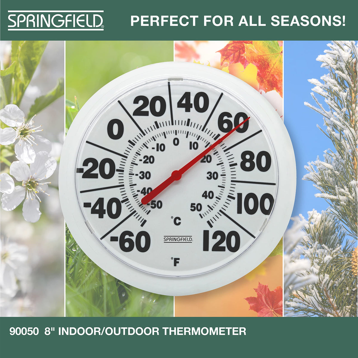 Springfield weather-resistant dial thermometer built to withstand outdoor conditions.