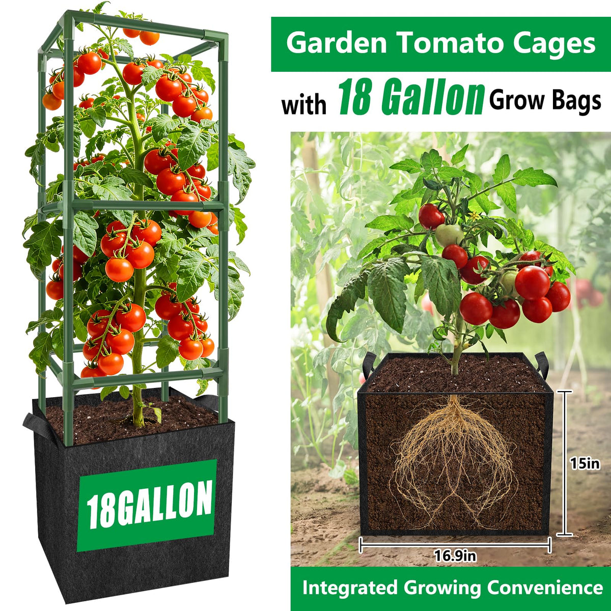 SprintGy 18-gallon grow bags with drainage and handles for easy repositioning.