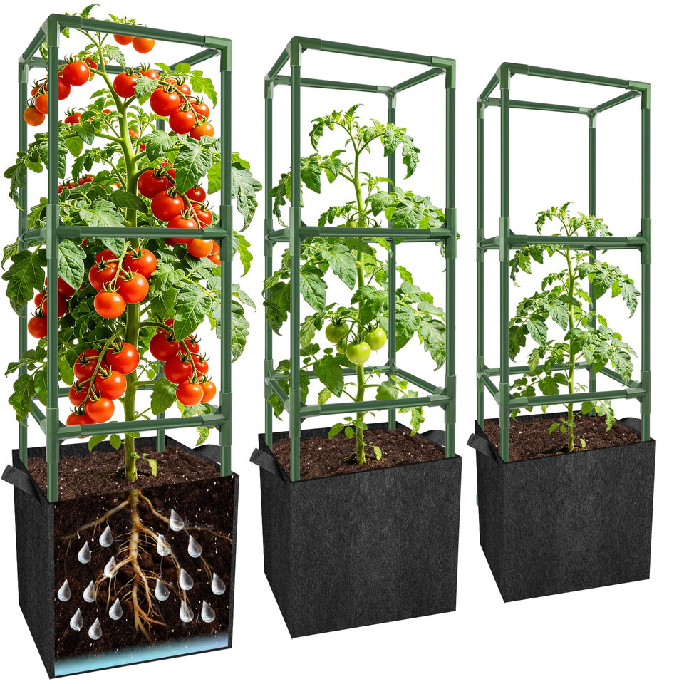 SprintGy 3-set square tomato cages provide sturdy vertical support for plants.