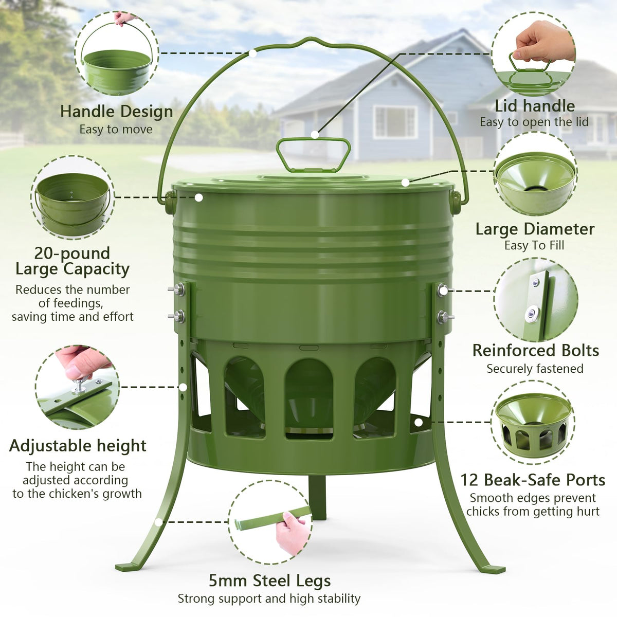 SprintGy feeder with lid and handle, easy transport and weather protection.