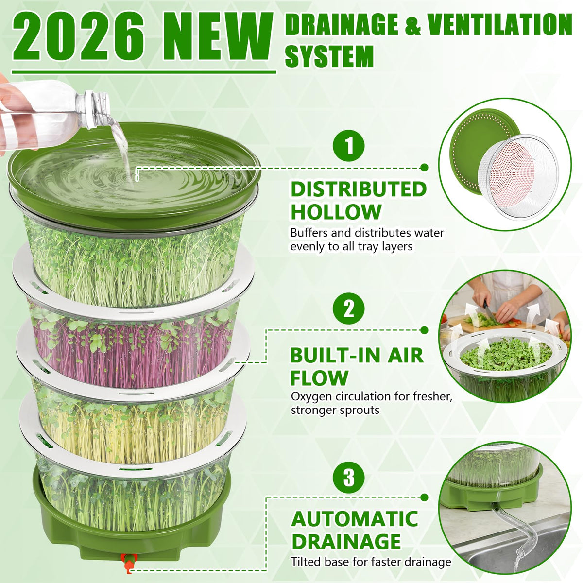 SprintGy drain hose system demonstrates effortless rinsing and drainage for clean sprouts.