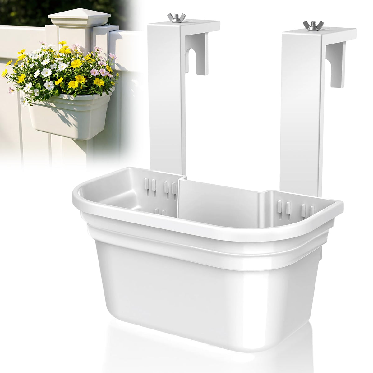 SprintGy fence planter universal compatibility fits 5x5 posts for seamless white fencing display.