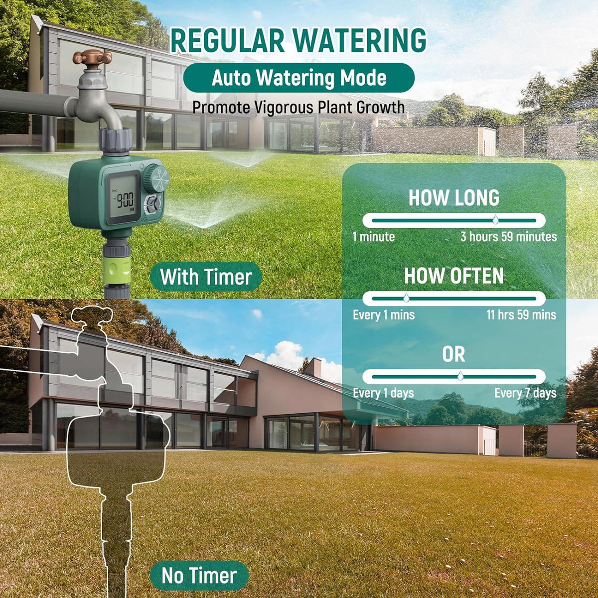 Sprobil outdoor timer installed on a garden hose for yard irrigation